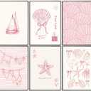 6Pcs Pink Coastal Granddaughter Canvas Wall Art Fashion Preppy Bikini Shell Painting Pictures Wall Decor Pink Bow Poster Print Artwork for Girly Room Dorm Home Decoration 12x16in Unframed