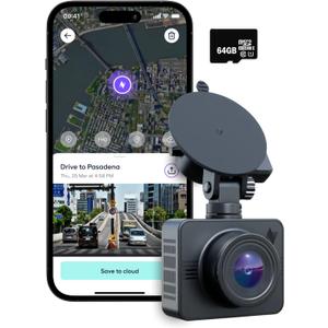 Nexar Beam GPS Dash Cam - 1 Year Nexar App Subscription Included - Unlimited Cloud Storage, Drive Recordings, Parking Mode, Night Vision, All Inside the Nexar App - WiFi HD Front Dash Cam (64 GB SD)