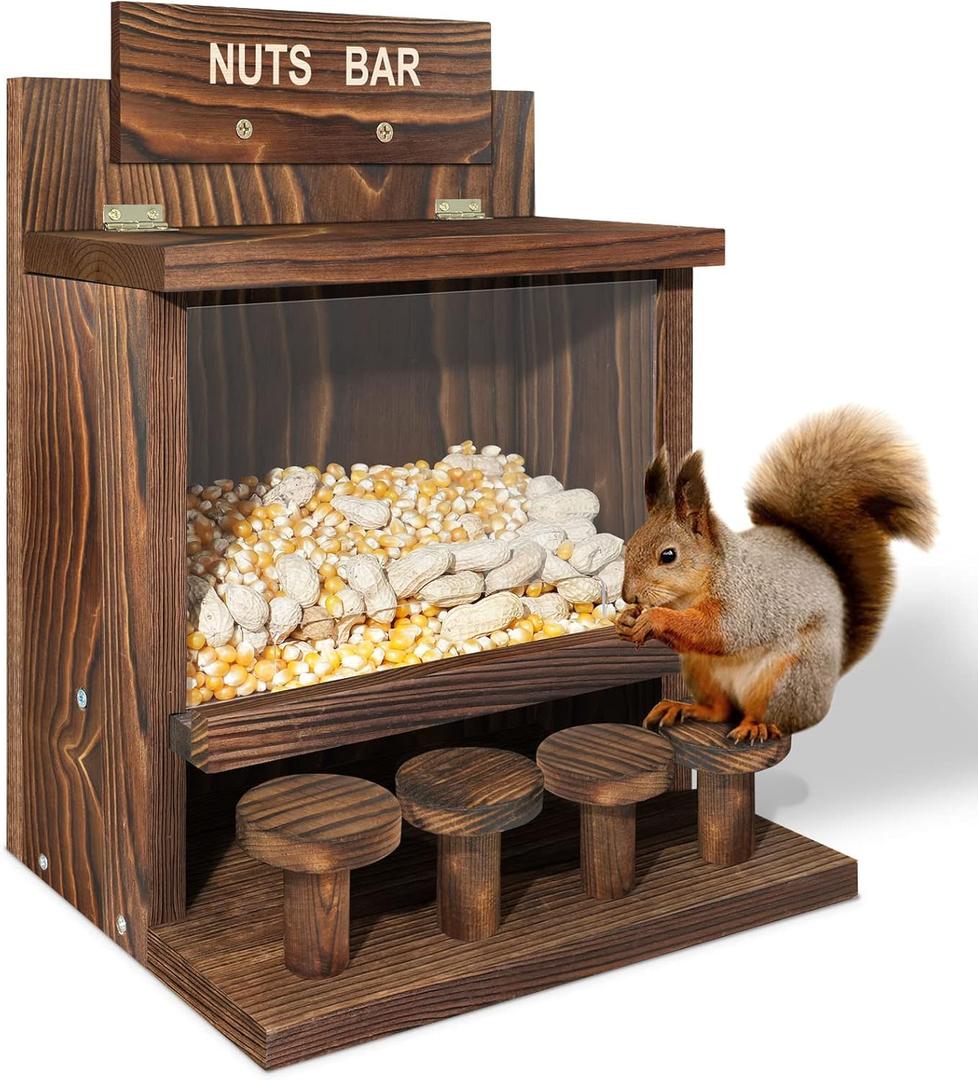 Carbonized Squirrel Feeder, Large Squirrel Feeders for Outside Funny Squrrill Nuts Bar, Durable Wooden Chipmunk House Box for Corn Peanuts (brown)