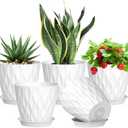 7 inch Plant Pots for Indoor Outdoor Plants, 5 Pack Thick Nursery Pots with Drainage Holes and Saucers, 3D Modern Wave Texture Plastic Planter Pots for Flowers and House Plants, White