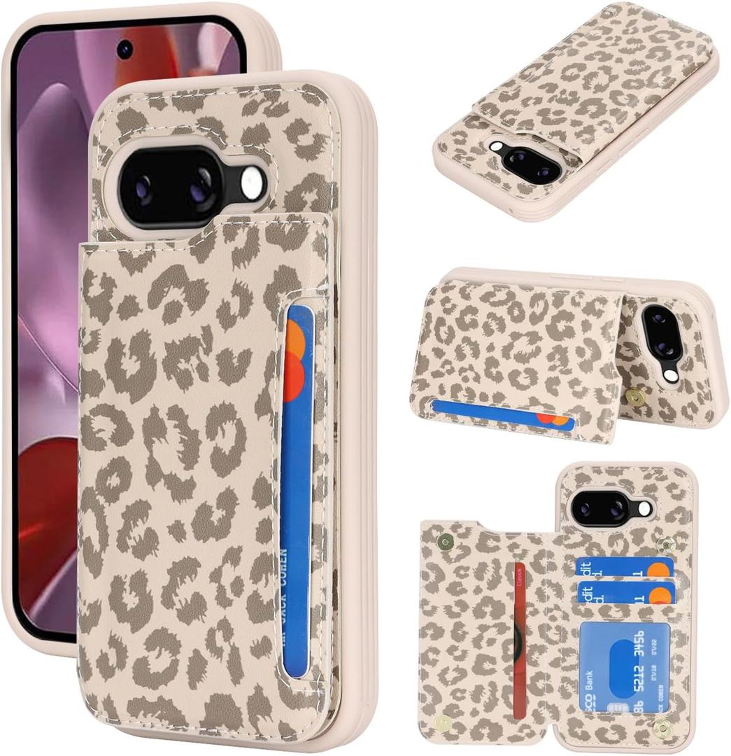 iCoverCase Compatible with Google Pixel 9a Case with Card Holder, Wallet Phone Case for Women Men [RFID Blocking] PU Leather Protective Wallet Case for Pixel 9a (Beige Leopard)