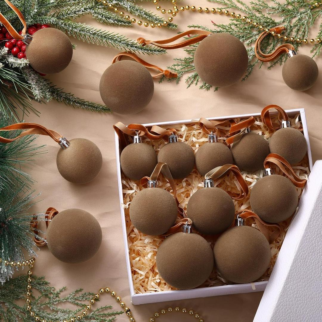40 Pcs Brown Velvet Christmas Balls Flocked Christmas Tree Hanging Ornaments Neutral Shatterproof Plastic Velvet Ball for Xmas Tree Decor