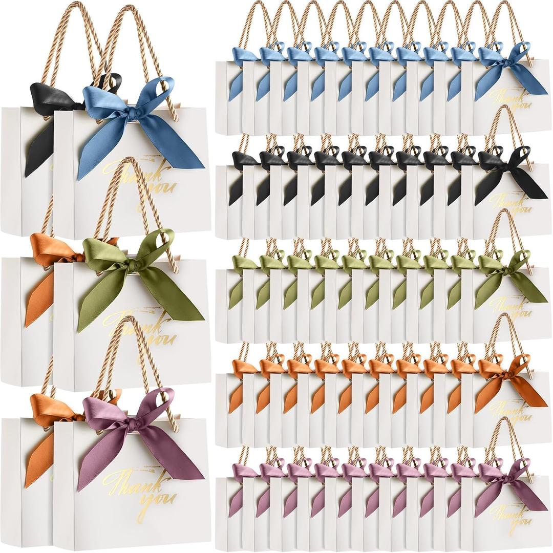 Colarr 60 Pcs Small Thank You Gift Bags Mini Party Favor Candy Bags with Handles and Bow Ribbon for Wedding Birthday Baby Shower Guest Valentines Day Party Supplies(White Bag)