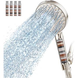 SR SUN RISE Filtered Shower Head with Handheld High Pressure 9 Spray Mode Showerhead Detachable Shower Head Water Softener Filters Beads for Hard Water Remove Chlorine 4 Filters Brushed Nickel