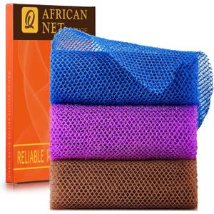 UJFQBH 3 Pieces African Bath Sponge African Net Long Net Bath Sponge Exfoliating Shower Body Scrubber Back Scrubber Skin Smoother,Great for Daily Use (Brown, Blue, Purple)