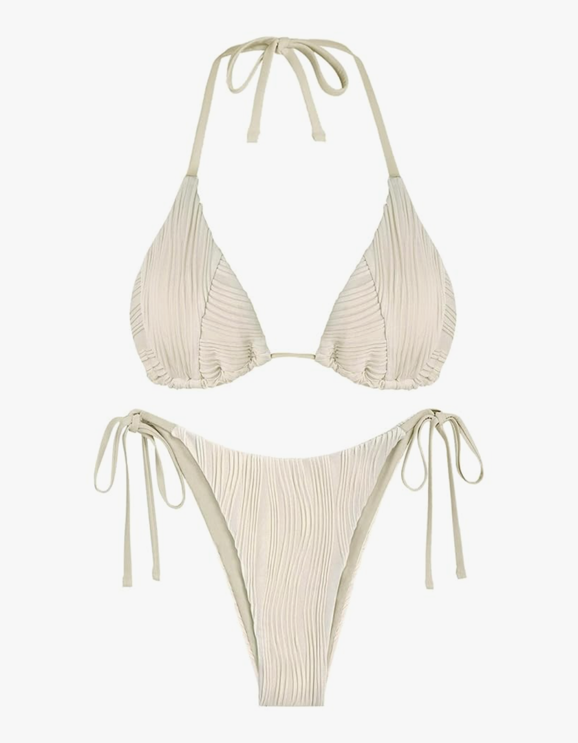 ZAFUL Bikini Sets for Women Halter Two Piece Swimsuit Ribbed High Cut Tie Side Thong Bathing Suit Sexy Padded Swimwear Beige M