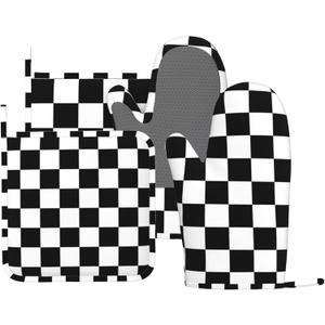 Black White Check Plaid Oven Mitts Pot Holders Set Silicone Kitchen Gloves Black and White Checkered Plaid Potholders Non-Slip Heat Resistant for Chef Baking Cooking 4 pcs Kitchen Mitts