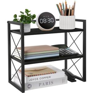 YINMIT Desktop Shelf Organizer, 2 Tier Office Shelves, Wood Desk Organizer Storage Rack and Freestanding Display Shelf for Office, Dormitory, Home(Black)