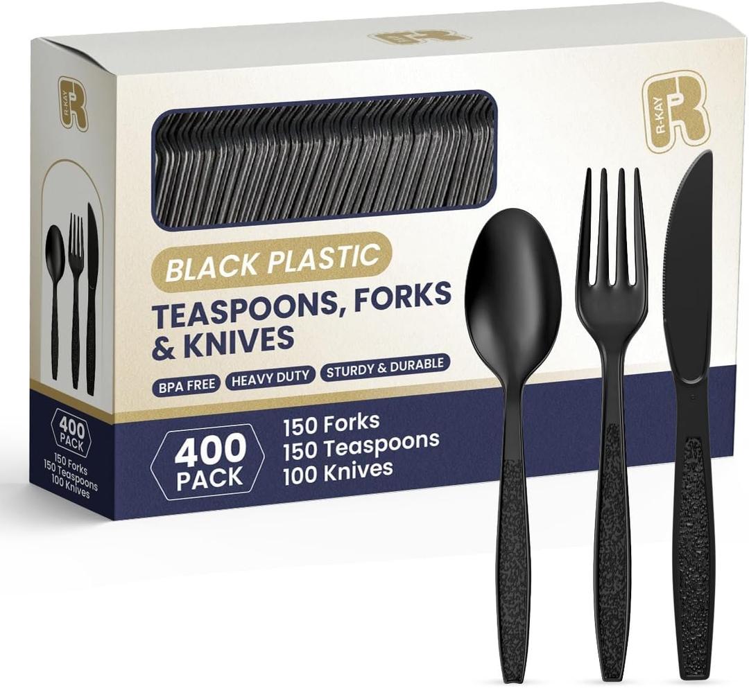 R-kay 400 Pcs Black Plastic Silverware Heavy Duty - Heat Resistance Forks Spoons And Knives Set - BPA Free Black Plastic Utensils Set