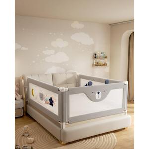 3 Piece Bed Rails for King Size Bed, No-Drill Needed Baby Bed Rail Guard for Toddlers with Height Adjustable, Thickened Child Safety Side Railing Guards/Bedrail for Kids, Grey Bear, 74.8x78.7x78.7in