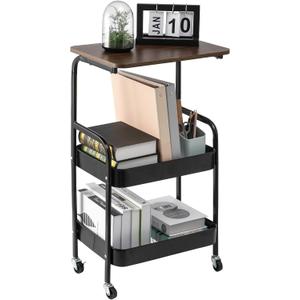 3-Tier Metal Rolling Utility Cart with Wooden Tabletop, Mobile Storage Organizer with Lockable Wheels for Kitchen, Bathroom & Home