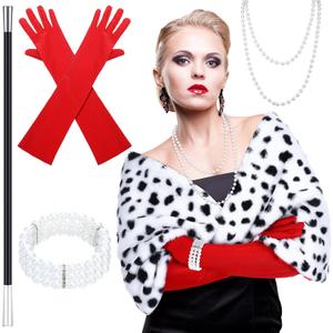 Yaomiao 5 Pcs Halloween Costume Faux Stole Outfit Accessories Set Black and White Scarf Red Gloves for 1920s