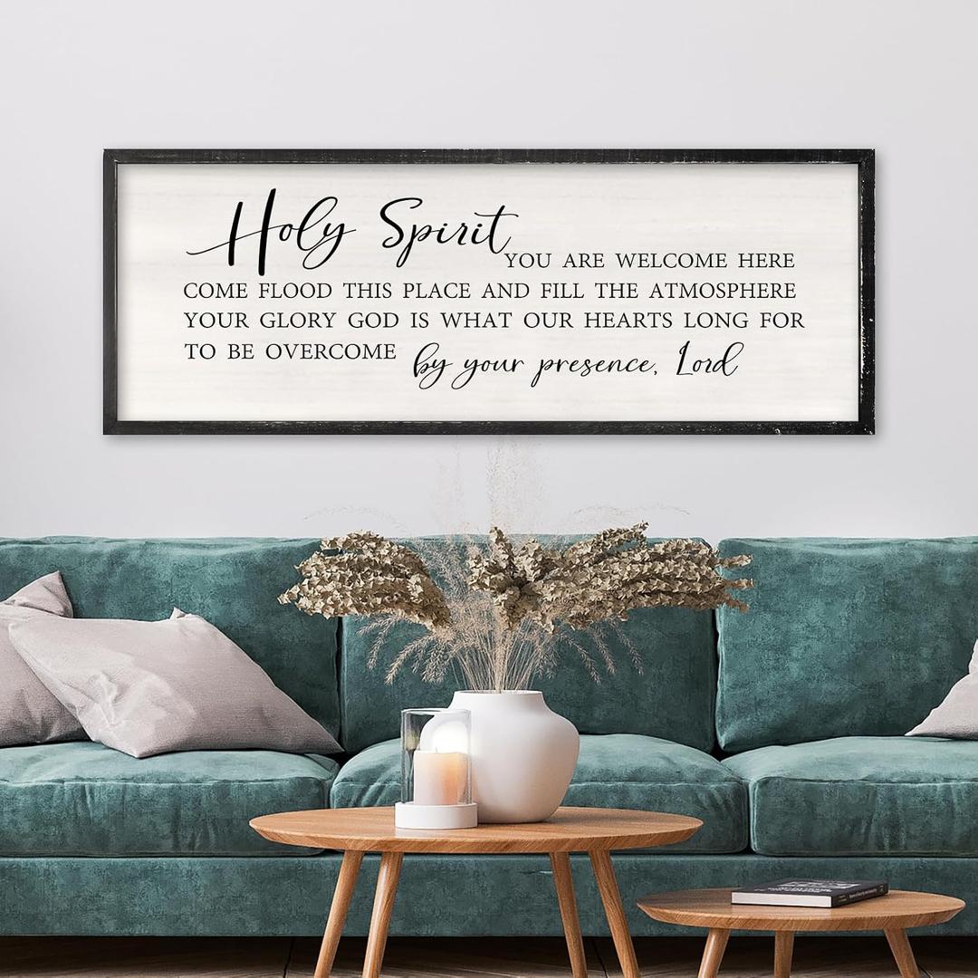 RLWangChao Holy Spirit You are Welcome Here Wall Decor Art 40x15 Inch Large Christian Song Bible Verse Plaque Wood Framed Sign Living Room Scripture Quote Religious For Office Wall Hanging (Black)