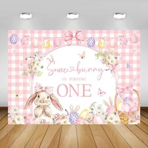 AIBIIN 7x5ft Bunny 1st Birthday Backdrop for Girl Coquette Some Bunny is Turning One Photography Background Easter 1st Bday Party Decorations