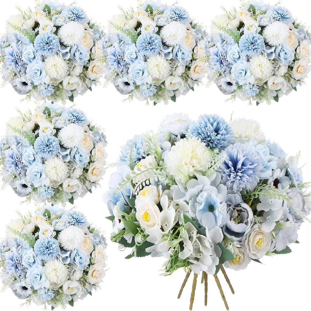 Tigeen 6 Bundles Artificial Bouquet Flowers Artificial Peonies Faux Roses Hydrangea Flowers Bouquet for Wedding Table Centerpiece Floral Vase Decor (White, Blue)