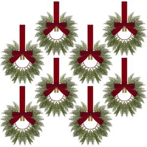 Dingion 8 Pcs 9.8" Small Christmas Cabinets Wreaths Mini Wreaths for Kitchen Window Chair Backs with Ribbon Bell Artificial Greenery for Farmhouse Holiday Decoration(Velvet,Classic,Deep Red)