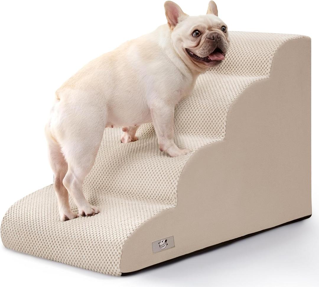 Dog Steps for Bed, 4 Step Pet Stairs for Small and Medium Dogs, Non-Slip Dog Ramp with Washable Cover, High-Density Support Foam for Easy Climbing,Beige