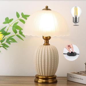 Ceramic Table Lamp Dimmable for Living Room, 16" Modern Vintage Bedside Nightstand Lamps with White Glass Shade,Classic Chinoiserie Retro Bedroom Lamp for Night Stands, Dorm,Office, Home Decor