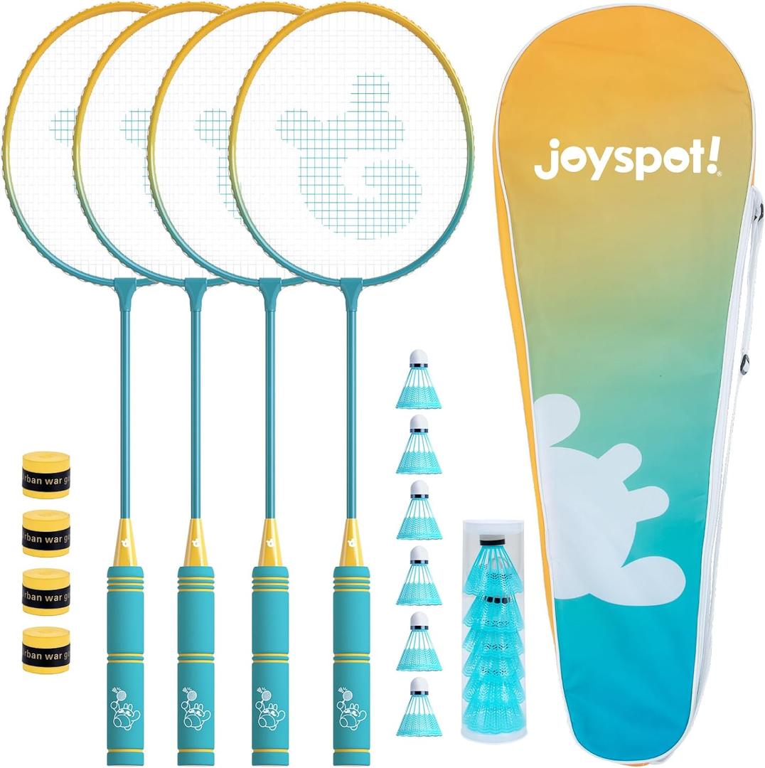 Badminton Rackets Set of 4 for Outdoor Backyard Games,Including 4 Rackets, 6 Nylon Shuttlecocks, 4 Replacement Grip Tapes and 1 Carrying Bag, Lightweight Badminton Racquets for Kids Adults Beginners, Large