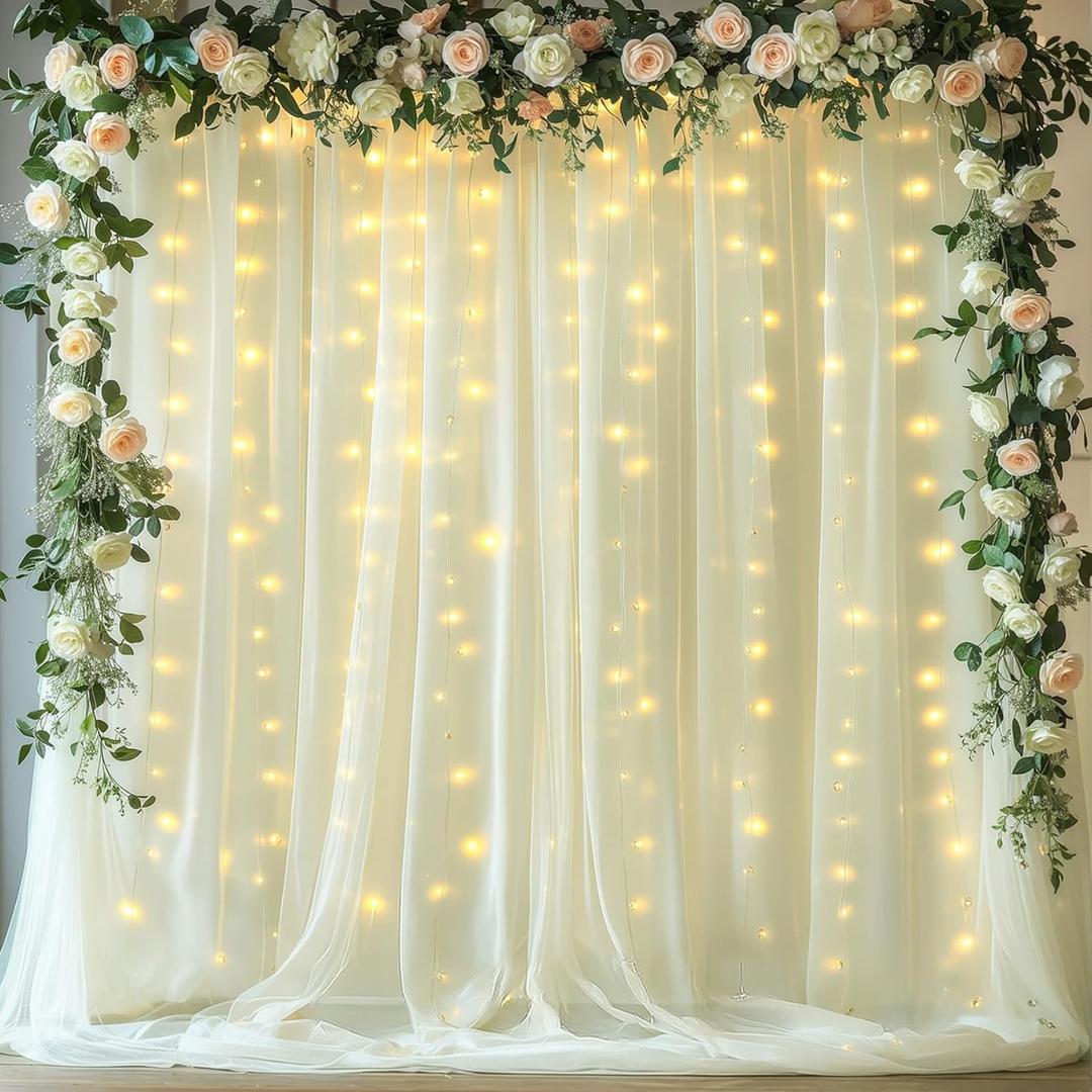 10x10ft Beige Tulle Backdrop Curtains with Lights String for Parties,Wrinkle Free Sheer Curtain with Lights Wedding Photo Backdop Drapes for Baby Shower Birthday Party Photography Home Decorations (2 Panels(5x10FT)