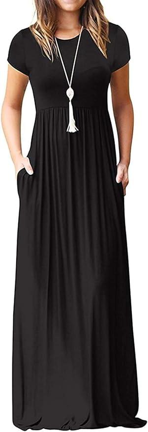 DEARCASE Maxi Dress for Women Short Sleeve Casual Summer Loose Plain Comfy Long Dresses with Pockets, Size M