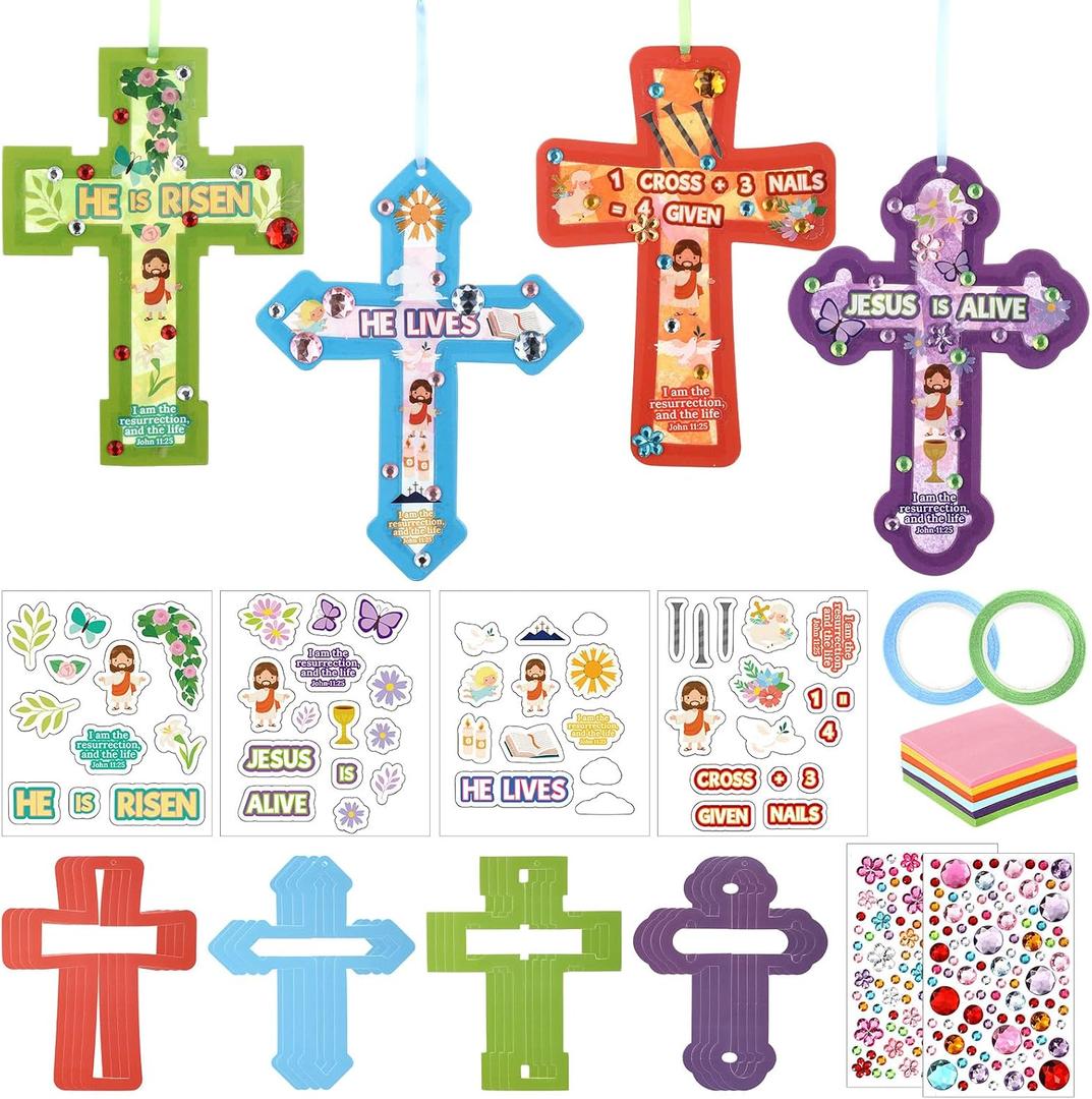 Gersoniel 24 Sets Easter Cross Crafts Bulk Christian Cross Tissue Paper DIY Art and Craft Kits with Stickers Make Your Own Religious Ornaments for Lent Holy Week Spring Easter Church Activities