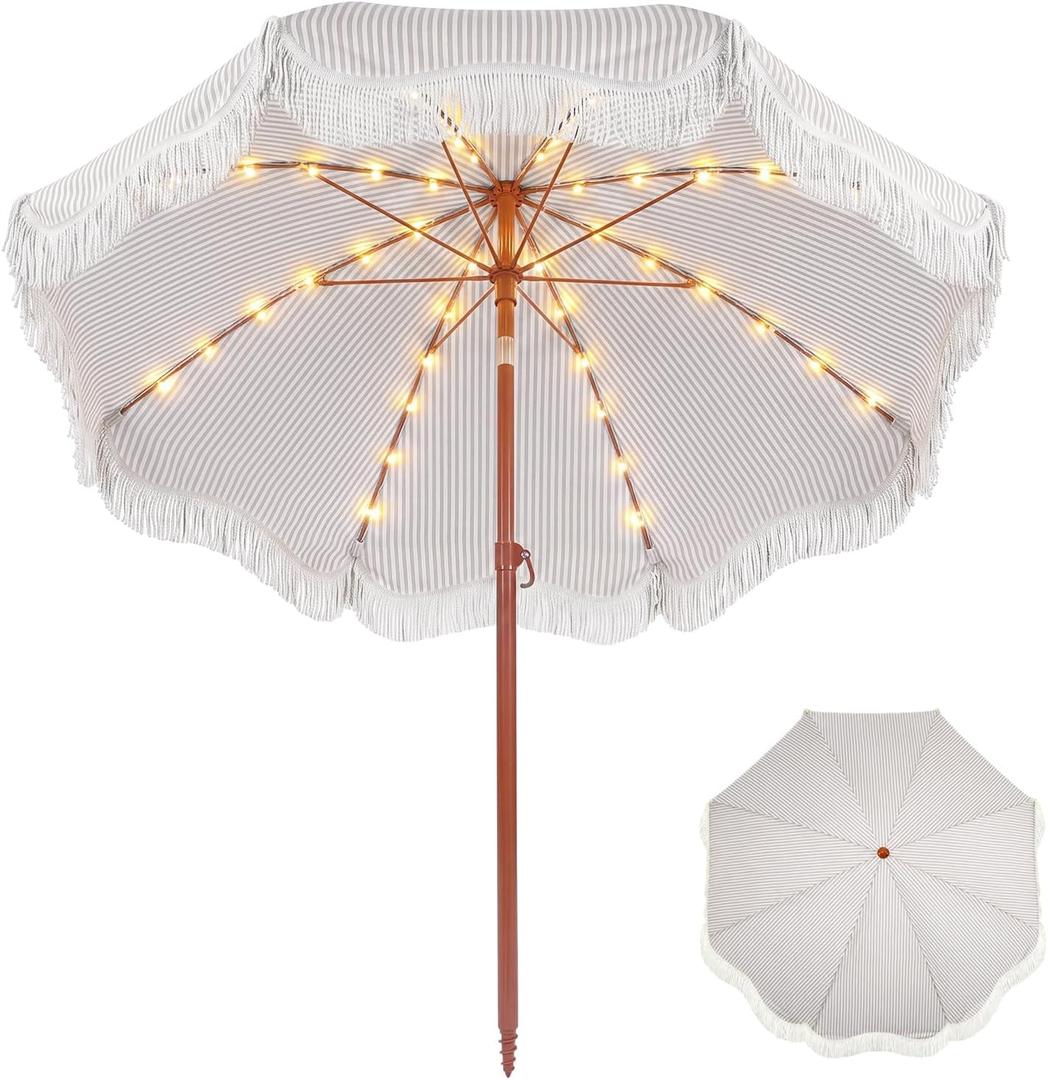 Fringe Patio Umbrella with Solar Powered String Lights, Boho Patio Umbrella for Outdoor, Garden, Deck, Pool, Push Button Tilt Pole