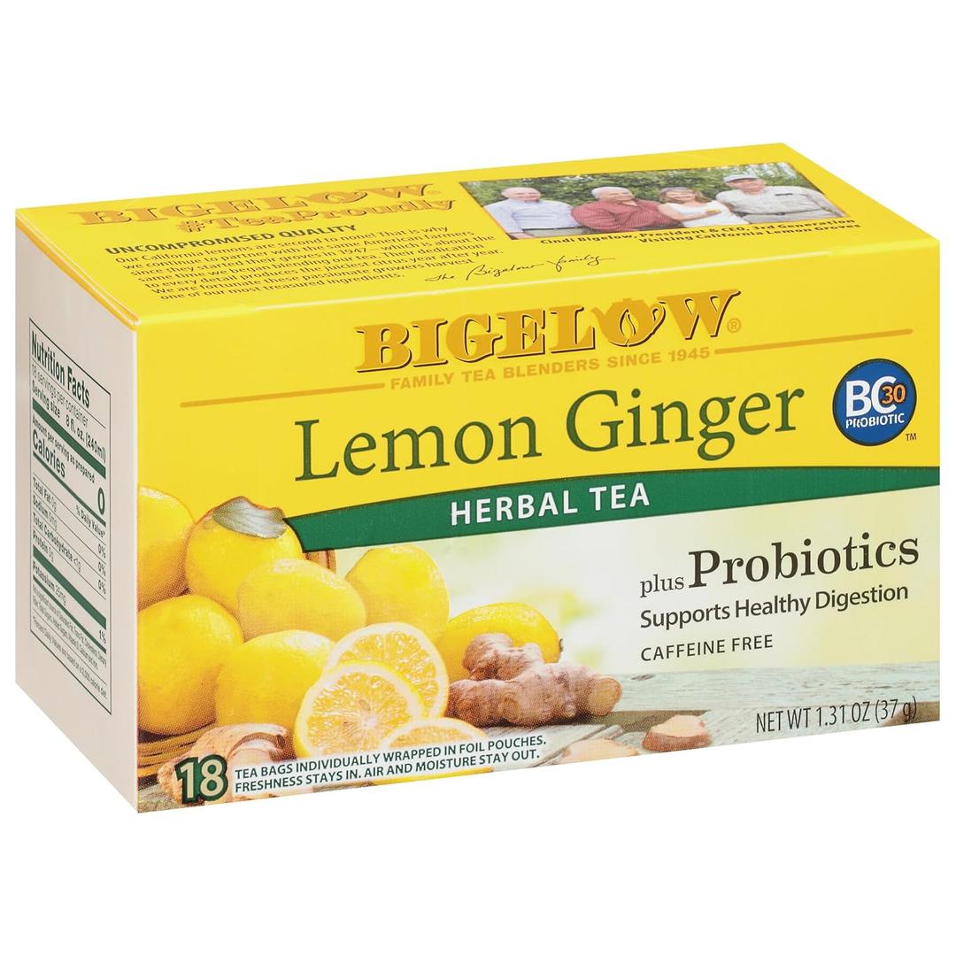 Bigelow Tea Lemon Ginger plus Probiotics Herbal Tea, Caffeine Free Tea with Lemon and Ginger, 18 Count Box (Pack of 6), 108 Total Tea Bags (EXP 02/01/27)