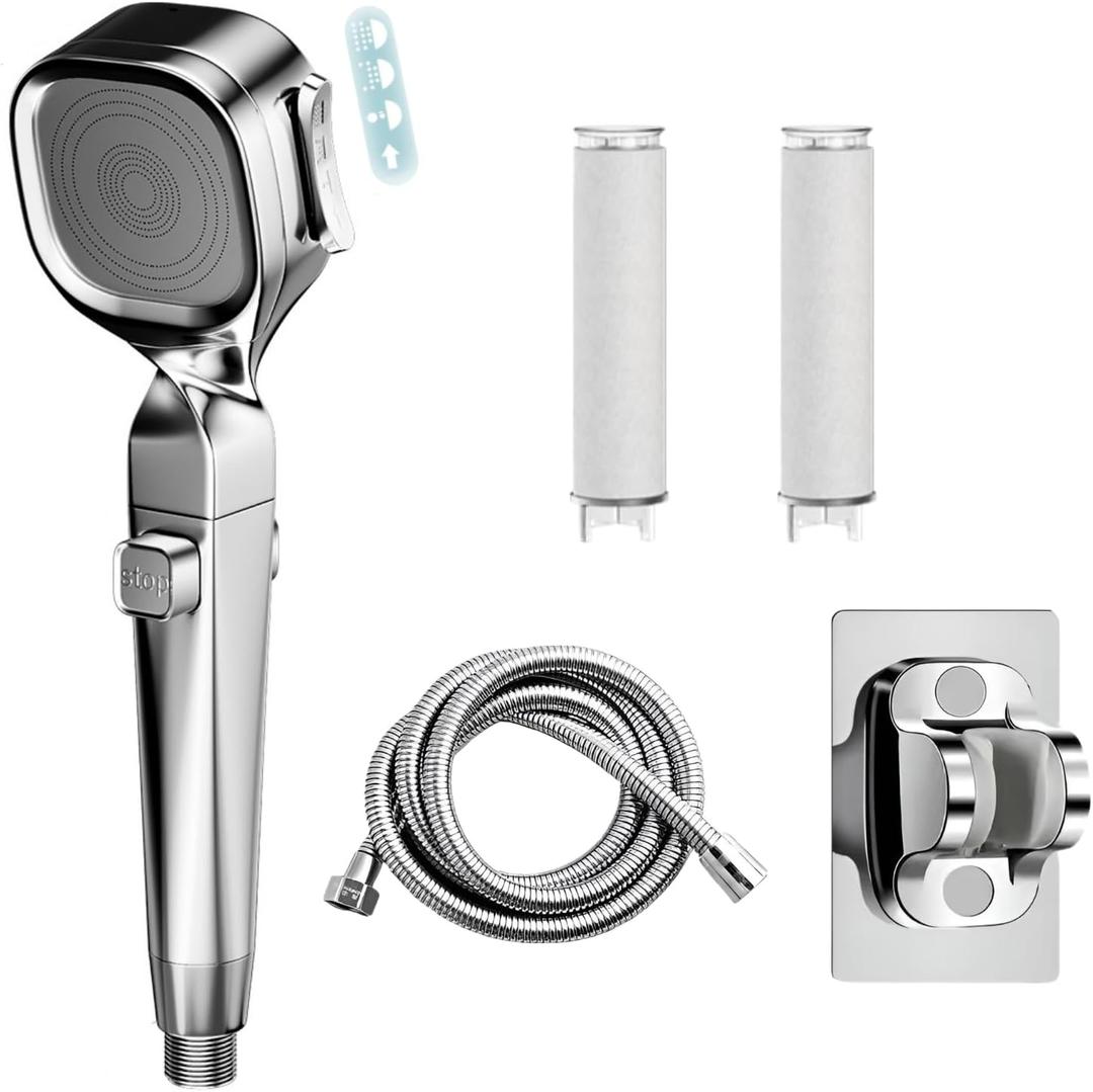 Filtered Shower Head with Handheld, 4 Mode Shower with ON/OFF Pause Switch, Holder|Hose|2 Filter Replacement, Silver