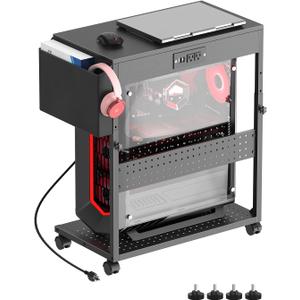 Adjustable Computer Tower Stand with Charge Station,Heavy-Duty Rolling PC Stand, CPU Tower Cart with Wheels for ATX Gaming Computer,Under Desk Holder,Black
