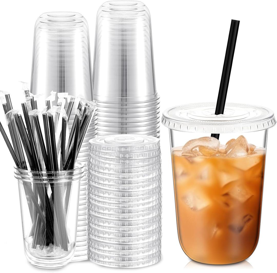 Ziliny 25 Set Clear Plastic Cups with Lids and Straws, Disposable Iced Coffee PET Cups for Drinking Cold Beverage Juice Parfait Smoothie Milkshake Coffee Shops Party Supplies (16 oz)