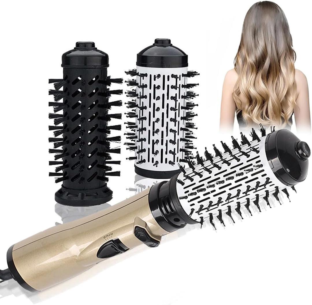 3-in-1 Hot Air Styler and Rotating Hair Dryer, Hair Dryer and Blow Dryer Brush in One, 2 Interchangeable Brushes for Dry and Wet Hair, Auto-Rotating Curling Hot Hair Brush (Gold)