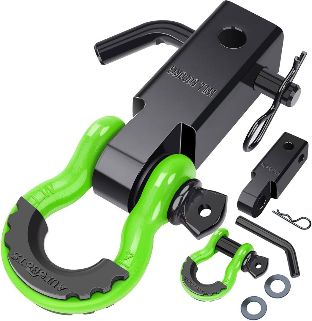 AUTOBOTS Shackle Hitch Receiver 2", 45,000 Lbs Break Strength Heavy Duty Receiver with 5/8" Screw Pin, 3/4" D Ring Shackles, Towing Accessories for Vehicle Recovery Off-Road, Green&Black