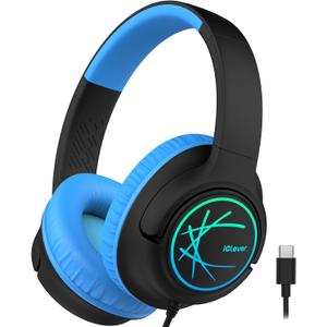 iClever Upgrade USB C Kids Headphones for School, 85dBA Safe Volume, Stereo Sound, Foldable Adjustable, Breathing Light, Over Ear Kids Headphones with Cord for Boys/Girls/iPad/Tablet/Travel