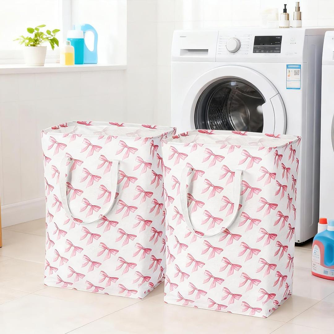 Pink Laundry Basket with Bow, Coquette Pink Laundry Hamper - Tall Cotton Rope Nursery Storage Bin, Large Organizer for Blankets, Toys & Clothes for Bedroom & Bathroom (Square*2, 75L)