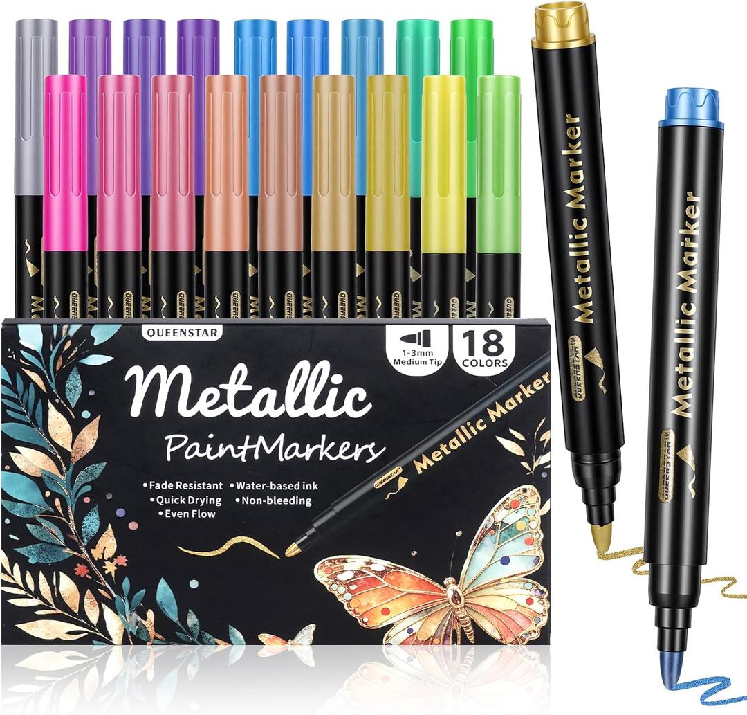 18Pcs Metallic Markers Pens, Glitter Marker Pens & Acrylic Paint Pens for Rock Painting, Glass, Wood, Fabric, Glitter Markers for Adults DIY Crafts, Drawing, Birthday Gift, Black Paper, Scrapbooking