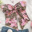 GORGLITTER Women's Leopard Tube Top Floral Twist Front Split Strapless Asymmetrical Hem Bandeau (L)