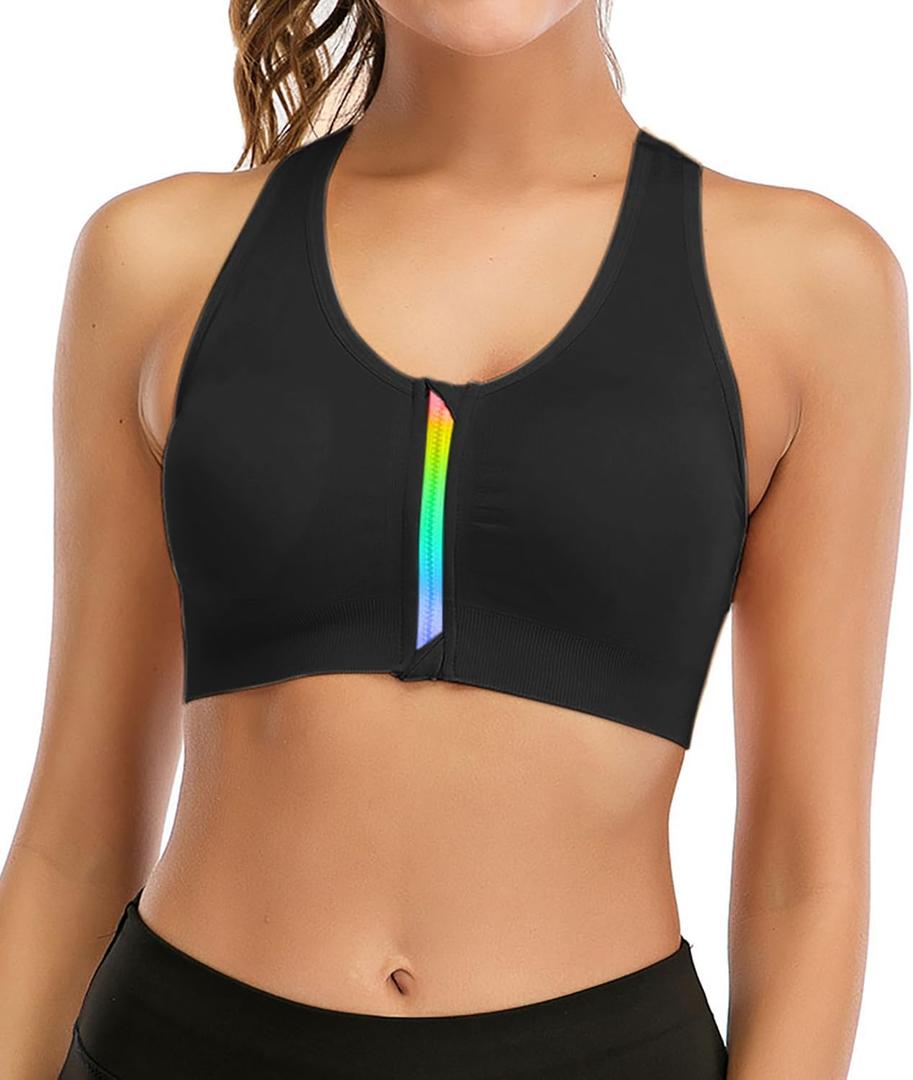 Womens Zip Front Sports Bra Wireless Post-Surgery Bra Padded Strappy Medium Support Yoga Exercise Athletic Bras