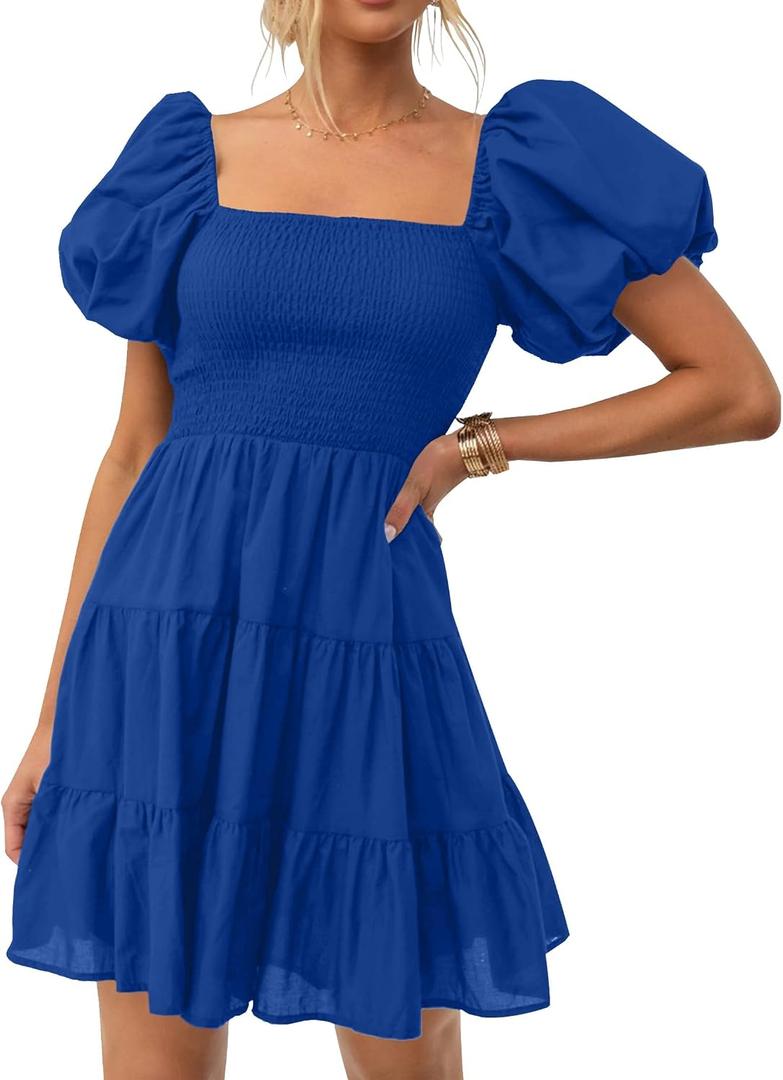 ZESICA Women's 2024 Boho Summer Square Neck Puff Sleeve Off Shoulder Smocked Tiered Casual A Line Short Mini Dress, RoyalBlue, Small