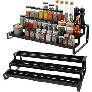 Spice Rack Organizer for Cabinet, Expandable 3 Tiered Spice Rack, Metal Spices Organizer, Display Shelf Organizers for Cabinet, Countertop, Pantry, Cupboard (Black)