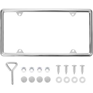 Chrome License Plate Frame Made of Zinc Alloy Metal, Universal Car Accessories,1 Pack License Plate Holder Never Rust and Unbreakable with Metal Screws, Chrome Caps and Screwdriver