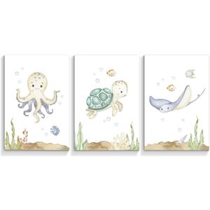 2 x Wodkwq Nursery Wall Art Sea Animal Canvas Prints Baby Girl Boy Room Decor Watercolor Paintings Pictures Cute Ocean Theme Toddler Room Decoration Set of 3 for Kids Bedroom Bathroom 12x16in Unframed
