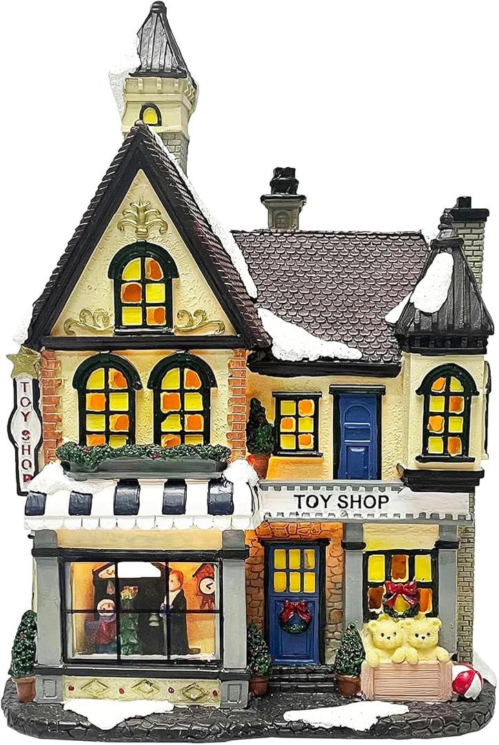MOMENTS IN TIME Light Up Toy Shop Christmas Village Building 10.8 LED Resin House Battery Operated Holiday Decoration Gift Wrapped Ready Christmas Collectible Holiday Village House Decoration