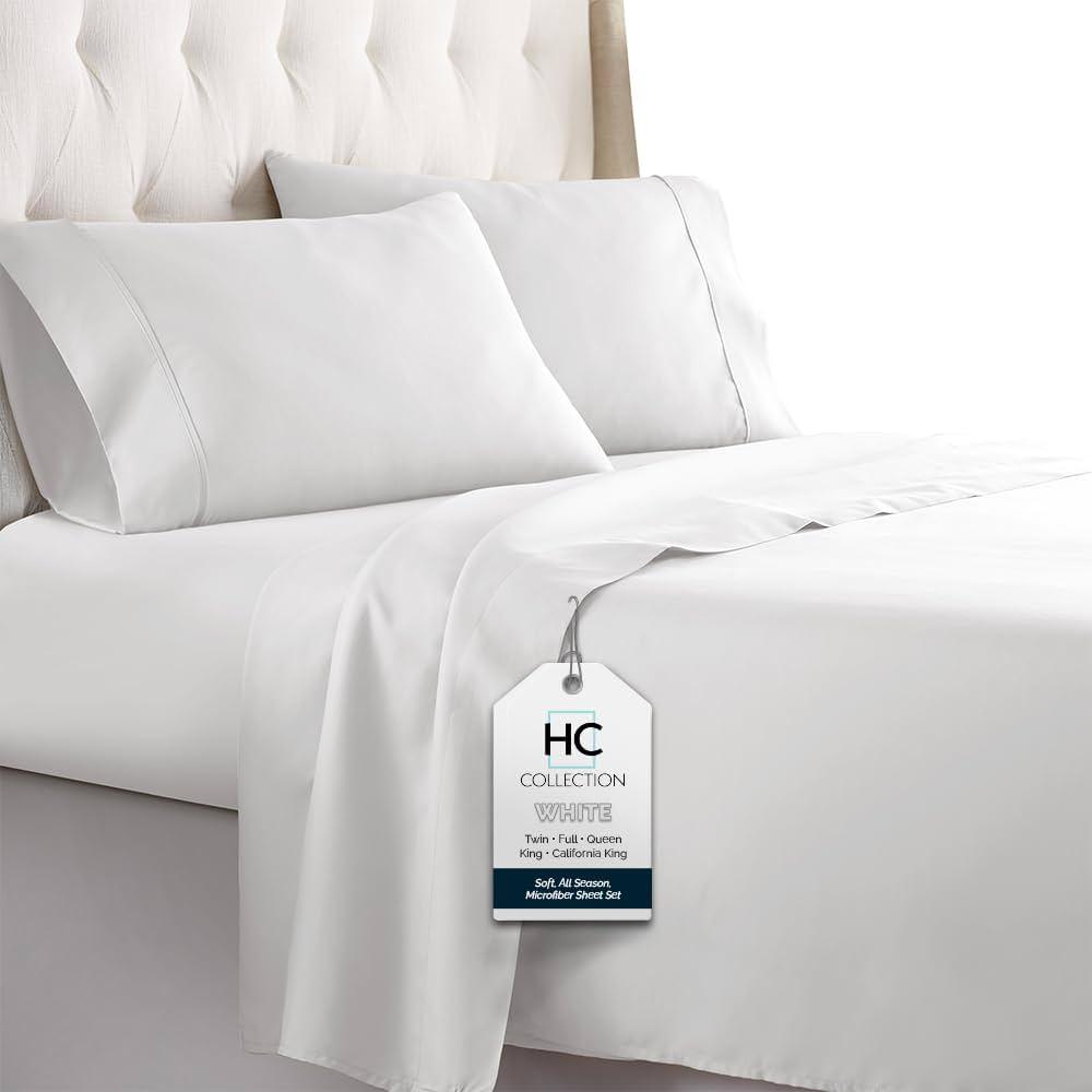 HC COLLECTION Bed Sheets Set King with 2 Pillowcases, Hotel Luxury Platinum 1800 Series Brushed Microfiber Sheet w/ Deep Pocket, Ultra Soft Lightweight 4 Pcs Linen Bedding for Hot Sleepers, White