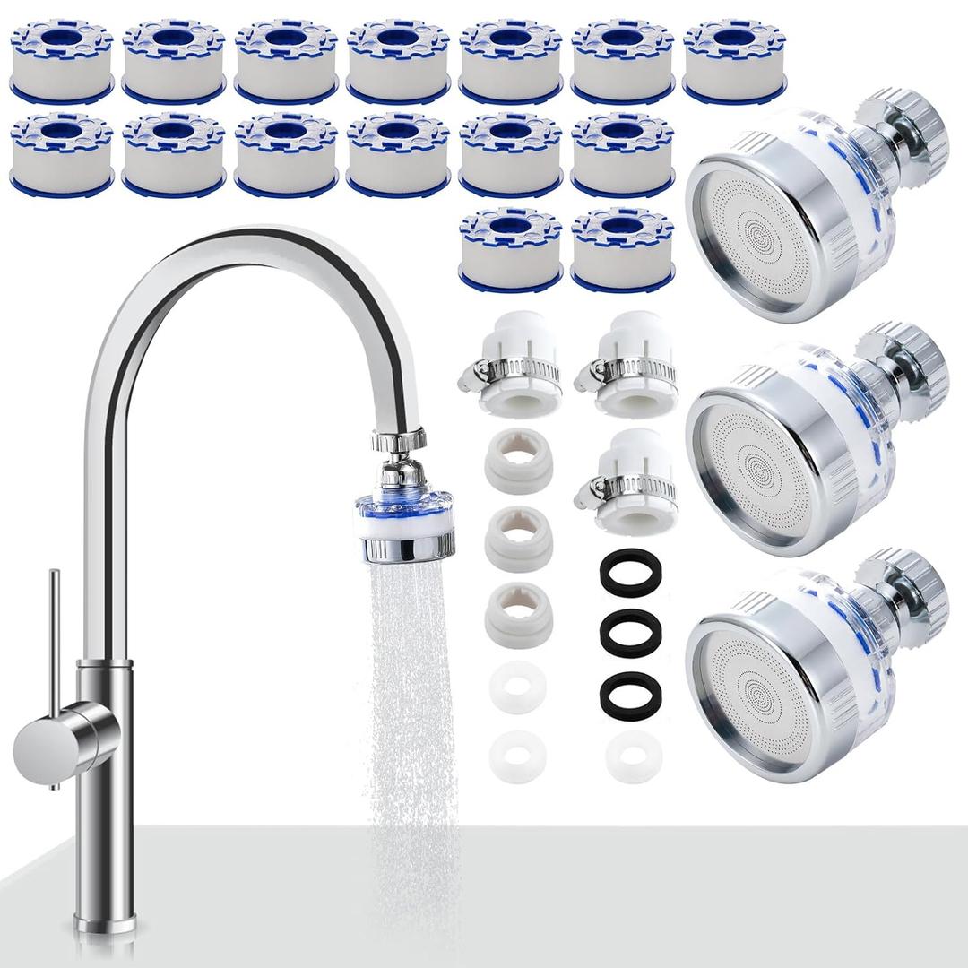 3 Pack Sink Water Filter Faucet, 360  Rotating Bathroom Sink Faucet Filter with Filter Elements Set, Faucet Water Purifier Removes Chlorine Fluoride Heavy Metals Hard Water (A-18 PCS)
