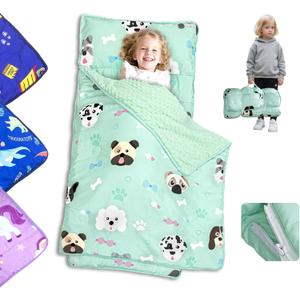 Nap Mat: Toddler Nap Mat with Removable Pillow and Removable Fleece Minky Blanket, Light Weight and Soft Perfect for Preschool and Daycare, 55"x22" Fit Standard Cot (Dog)