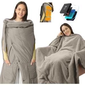 ZonLi Electric Wearable Heated Blanket, 2-in-1 Design Portable Cordless Heated Blankets Battery Operated Heated Shawl Blanket, Rechargeable Power Bank for Home, Office, Travel, Gift for Christmas (Grey)