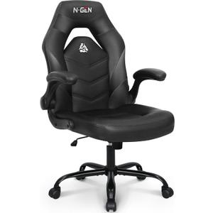 N-GEN Video Gaming Chair Ergonomic Computer Desk Office Chair with Lumbar Support Adjustable Height Swivel Wheels Flip-Up Arms PU Leather Home and Office (Black)