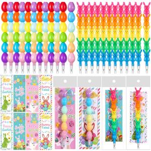 MotiMind 48 Pieces Easter Party Favors Stackable Pencils for Kid, 24 Bunny Egg Stacking Pencils with 24 Card Rabbit Pencil for Easter Basket Goodie Bag Stuffers Egg Hunt School Student Reward Gift