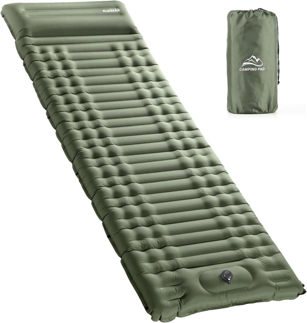 Elegear Self Inflating Sleeping Pad for Camping, 4" Ultra-Thick Camping Mattress Pad with Pillow Built-in Foot Pump, Portable Sleeping Mat for Backpacking, Hiking, Tent (Single, Army Green)
